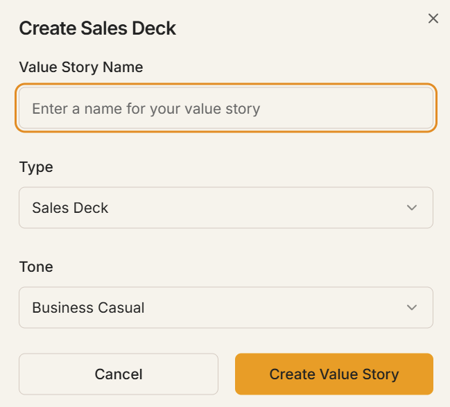 Create Sales Deck dialog with name, type, and tone fields