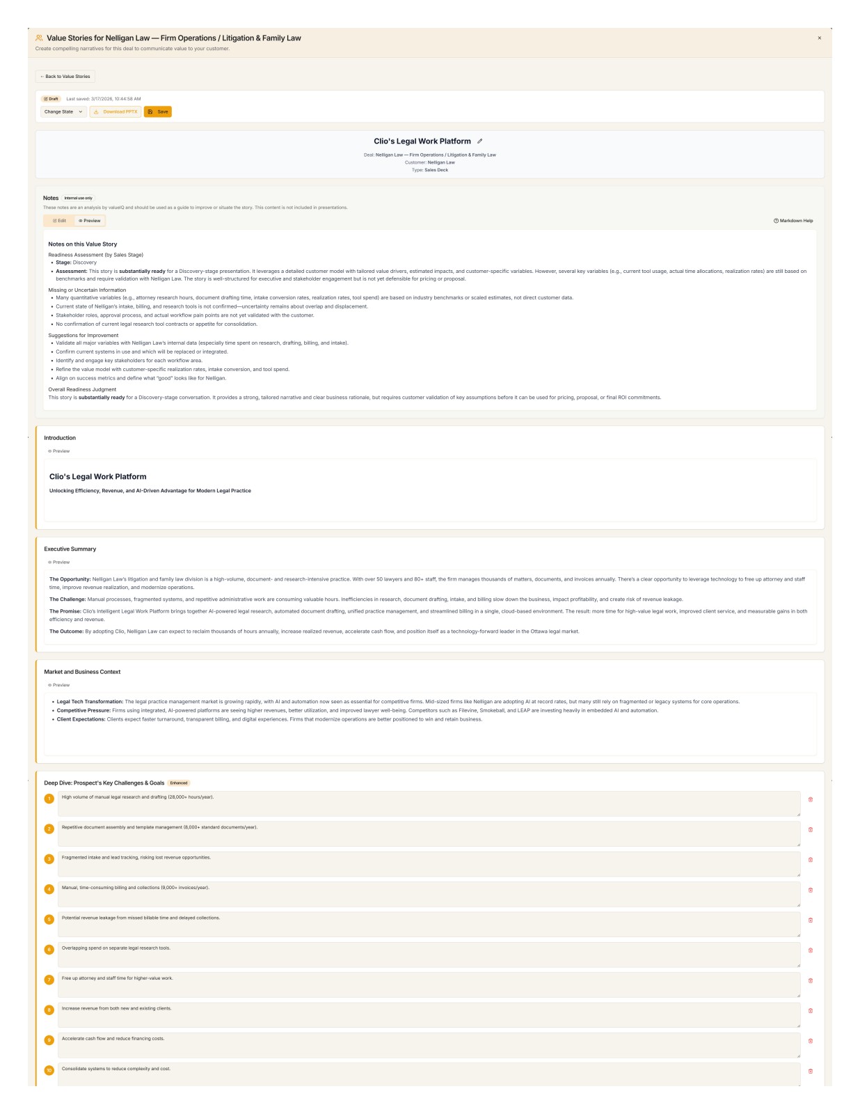 Value Story page 1: notes, introduction, executive summary, market context, challenges and goals