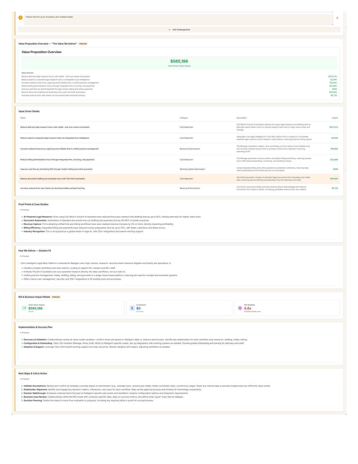 Value Story page 2: value proposition overview, driver details, proof points, solution fit, ROI, implementation plan, next steps