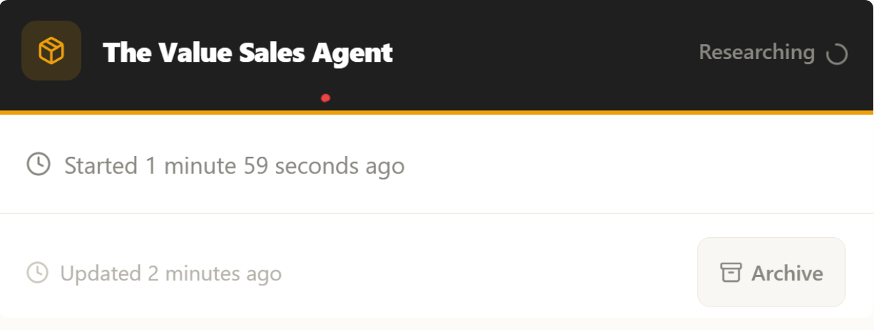 Hover popup showing processing stage, elapsed time, and archive option