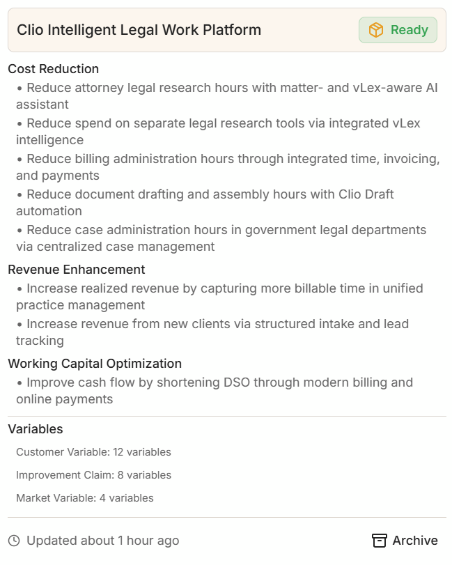 Hover popup showing value driver categories, variable counts, and last-updated timestamp for a ready value model