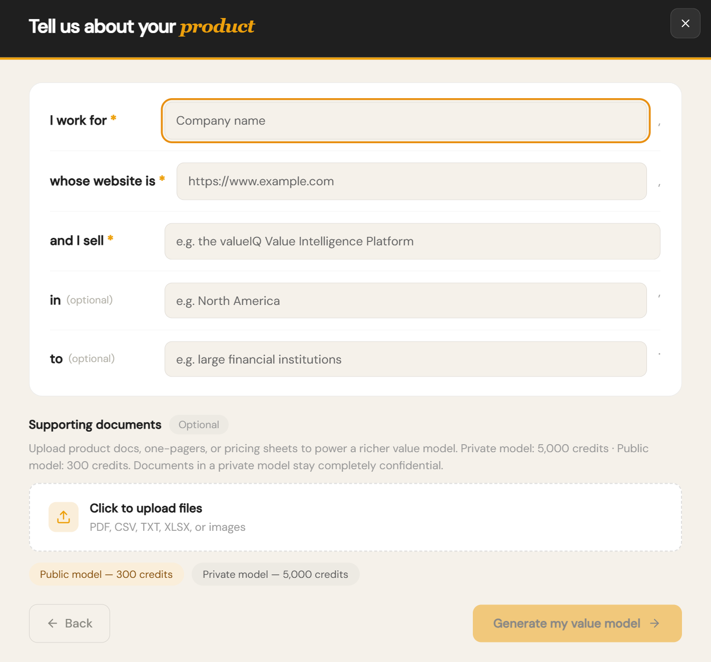 Product details form with company name, website, and product fields