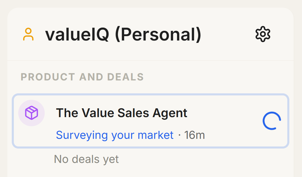 Sidebar showing product being researched with spinner and elapsed time