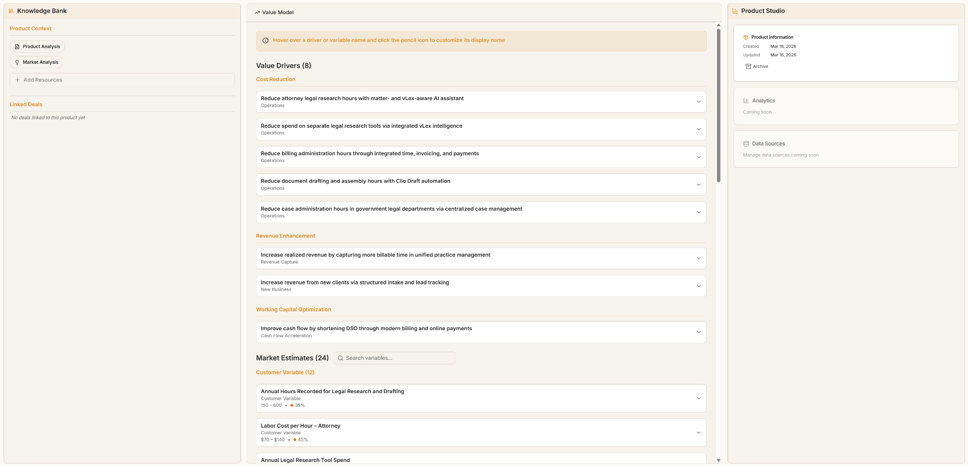 Value model view showing value drivers grouped by category with the Knowledge Bank sidebar and Product Studio panel