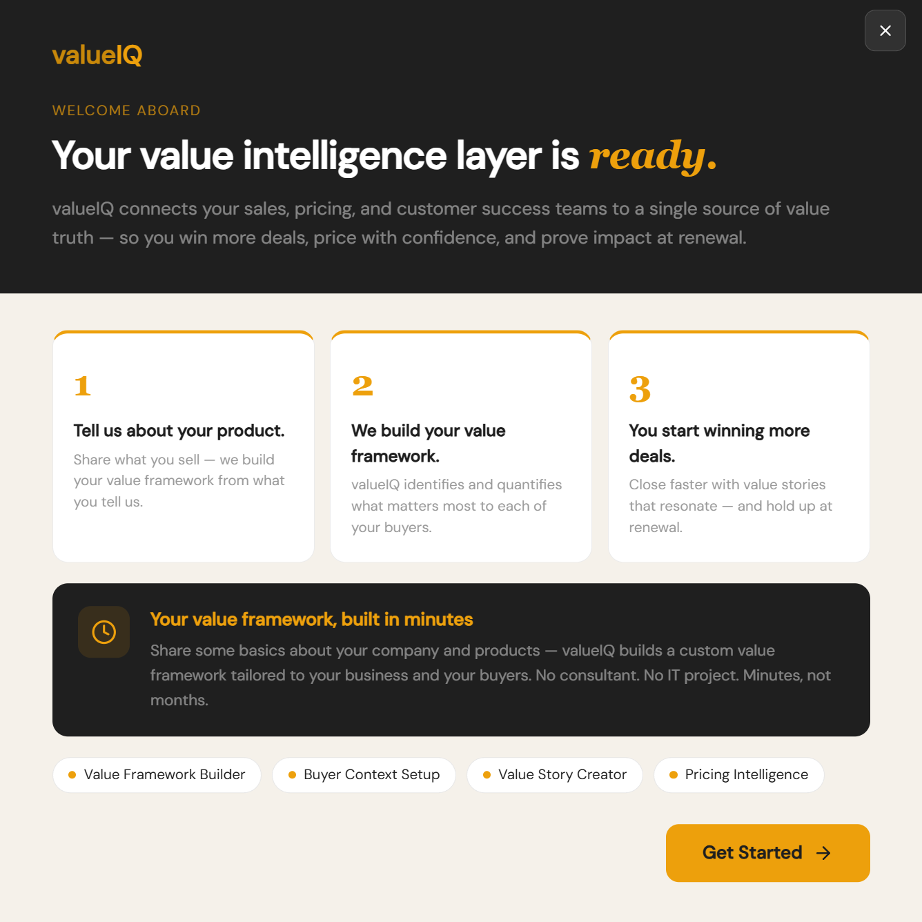 valueIQ welcome dialog showing the Get Started button and 3-step overview