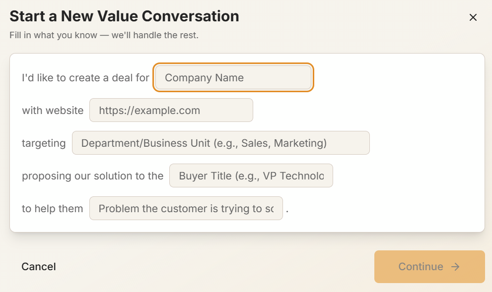 Deal creation dialog with fields for company, website, scope, buyer title, and problem