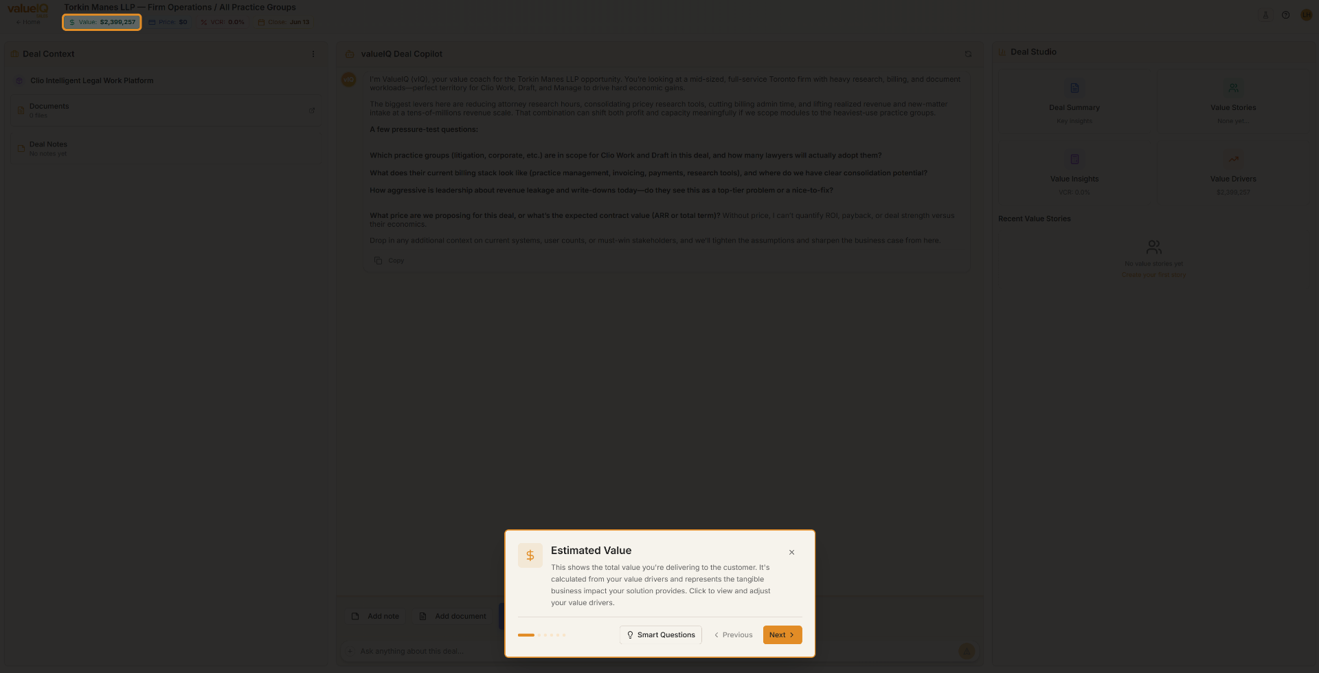Deal workspace showing the guided mini-tour highlighting Expected Value