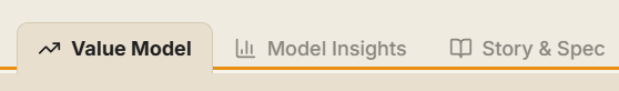 Value Model, Model Insights, and Story & Spec tabs